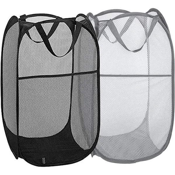 Pop Up Tvättkorgar Hopfällbara Tvättkorgar i Nät för Hem, Sovsal, Resor, Bärbara Klädkorgar, 2-pack (Svart + Grå)