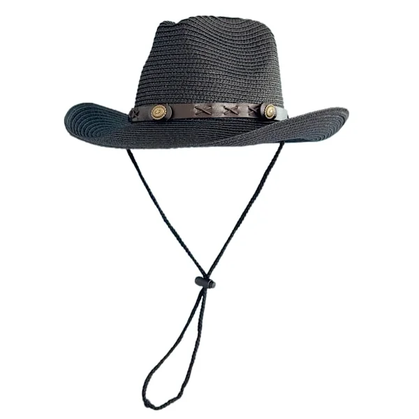 Western Cowboy Hat (with rope) for Women and Men with Foldable Summer Sun Protection Straw Hat Wide Brim Hat, Black Color