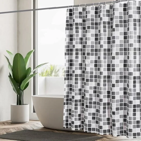Waterproof Shower Curtain 180x200 cm, Washable with 12 Hooks, Polyester Fabric, Black and White Geometric Pattern, Grey