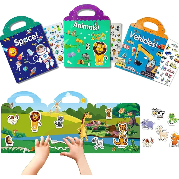 Pakke med klistremerkebøker for barn 2-4 år, gjenbrukbare klistremerker for småbarn, reiser, lærende leker, klistremerker for barn