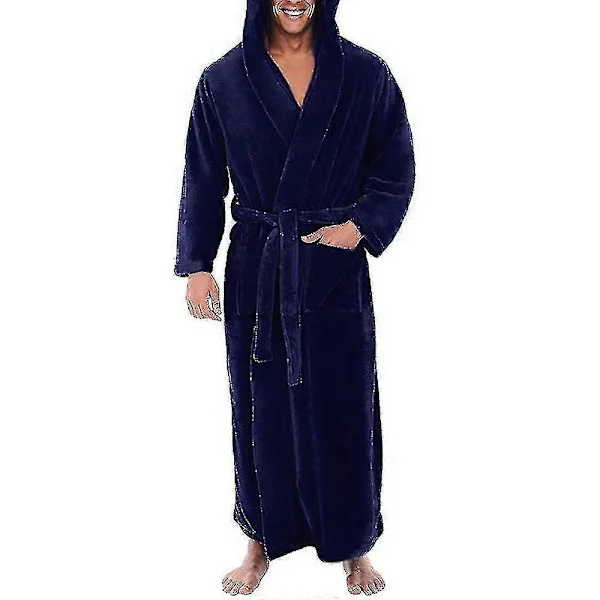 Varm fleece morgenkåpe med hette for menn, lang badekåpe i frotté