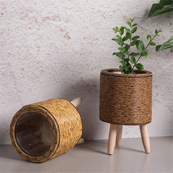 Vintage Imitation Rattan Vävd Blomhylla Planteringskärl Handgjord Förvaringskorg med Träben Växtkrukställ, B