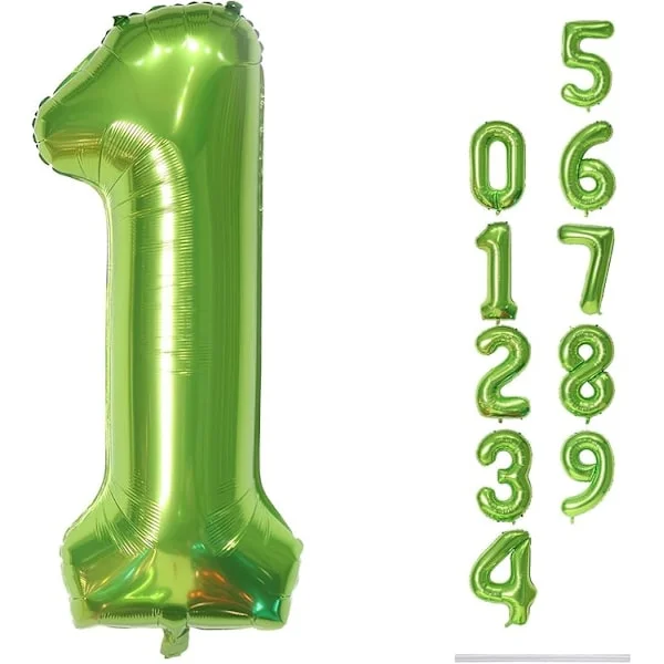 40-tommer grøn nummer 1 folieballon, stor selvforseglende helium Mylar nummerballon til 1-års fødselsdag, jubilæum, junglefestdekoration
