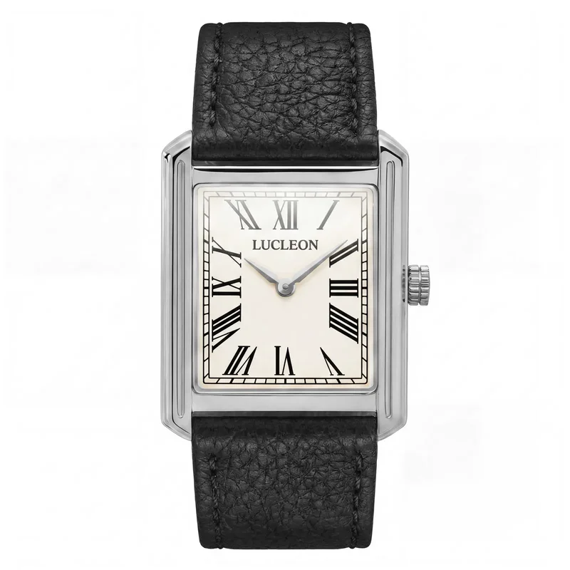 Legacy | Retro Squared Silver-tone Watch with Cream Roman Dial and Black Leather Strap for Men - Wrist watches