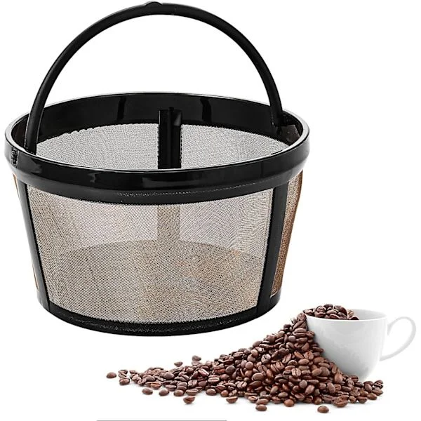 Reusable Golden Coffee Basket Filter - Sturdy Metal Strainer for 4/6/8/12-Cup Coffee Makers, Permanent Filter Replacement