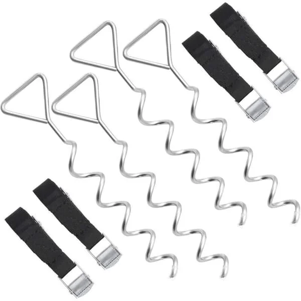 Trampolinankarsats, 4-pack, Markankare, Spiralförankringar, 4 förankringar och 4 remmar, Markpinnar, Tillbehör för gungfästning, Silver och Svart