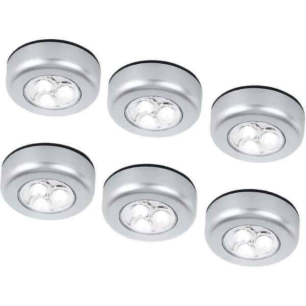 6-pakning LED-batteridrevne trådløse nattlys Stick Tap Touch-lampe Stick-on Push Light for garderober, skap, benker eller vaskerom, trådløse