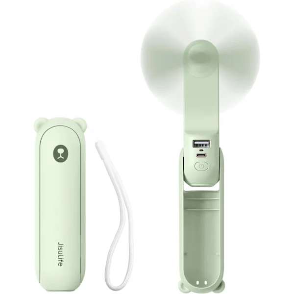 Mini Håndholdt Ventilator, 3 i 1 Bærbar USB Ventilator, Batteridrevet Lille Ventilator med Powerbank, Lommelygtefunktion, Rejse, Udendørs, Lysegrøn