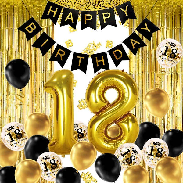 18 år Svart Guld Födelsedagsdekoration, Grattis på födelsedagen-banderoll
