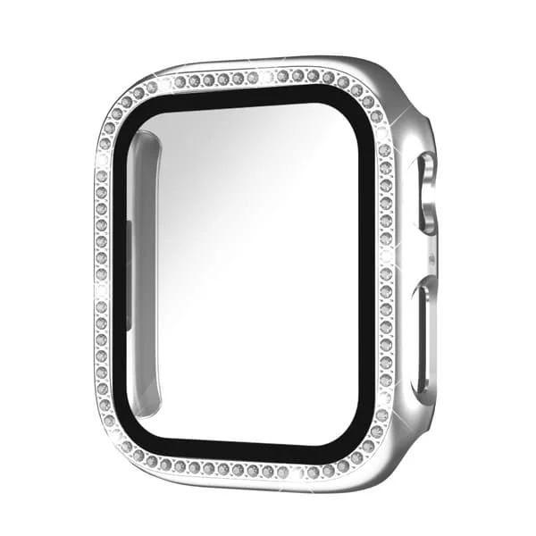 Diamant-indfattet fulddækkende skærmbeskytter i hærdet glas og stødsikkert urcover, kompatibel med 46 mm Apple Watch