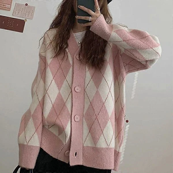 【BQ】Argyle Cardigan Dame Strikket Genser Løs Enkelspent Studenter V-hals Nydelig Strikk Koreansk Oversize Cardigan Topper 17068 rosa