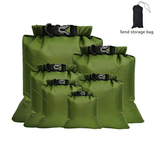 6 stk. vanntette tørre sekker (grønne), 1,5L /2,5L/3L /3,5L /5L /8L lette tørre sekker bærbare tørre sekker for utendørs fotturer, fiske, camping