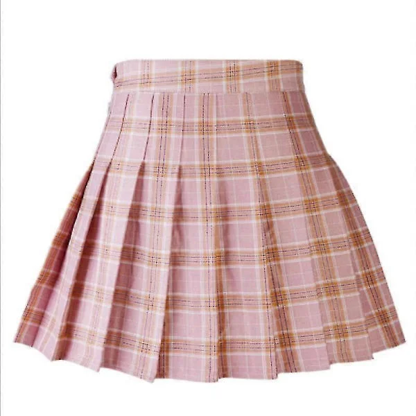 Kvinders afslappede ternede nederdel Piger Højtaljet plisseret A-formet mode uniformsnederdel med indershorts Pink Pink XL