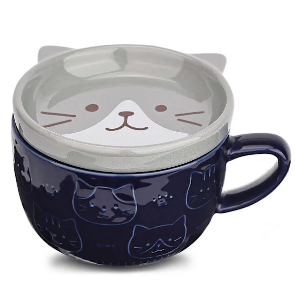 Julklapp Födelsedagspresent, Söt Kawaii Katt Kaffekopp med Lock Kvinnor Present, Kaffe Keramisk Tekopp Desserttallrik Set Grå katt