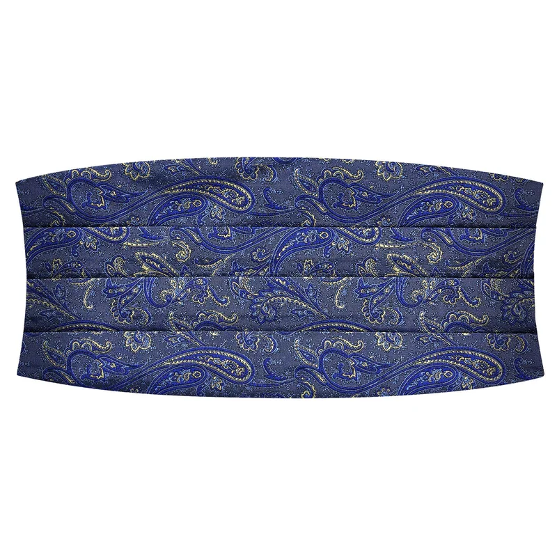 Light Blue & Gold Paisley Pattern Silk Cummerbund for Men - Cummerbunds