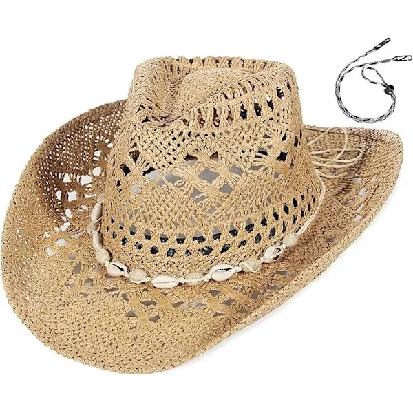 Summer Cowboy Cowgirl Straw Hat for Men and Women, Hollow Style, Roll-Up Brim, Beach Sun Hat