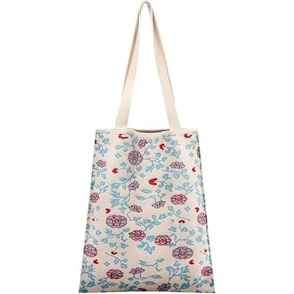 Heklet veske, søt totebag, heklede vesker for kvinner, liten estetisk totebag, vevd totebag med katt og blomster, strikket håndveske, hvit blomst