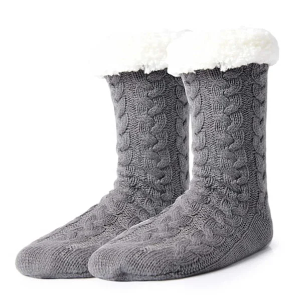 Lurviga Varma Stickade Sockor Tofflor med Halkskydd Grå