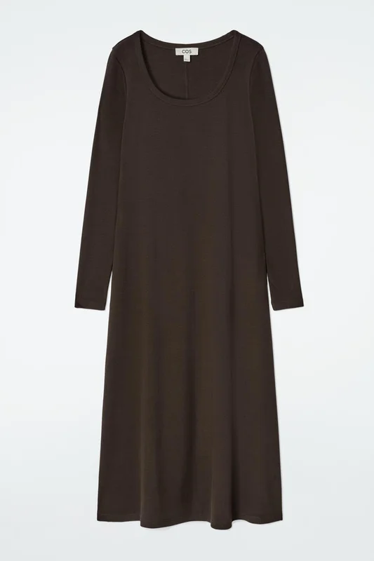 COS Damen Schmales Geripptes Midikleid Aus Jersey - Braun