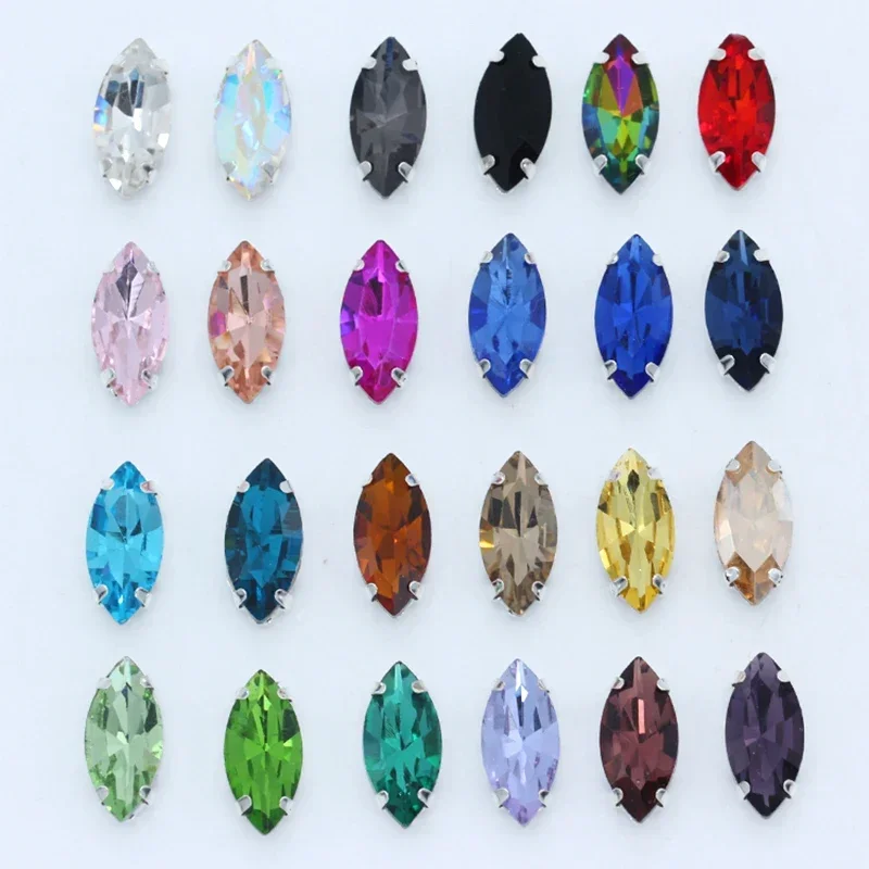 AliExpress - Alle Größen, 24 Farben, Navette-Kristallglas, flache Rückseite, zum Aufnähen von Strasssteinen, Montees-Silberkrallenknopf für Schmuck, 