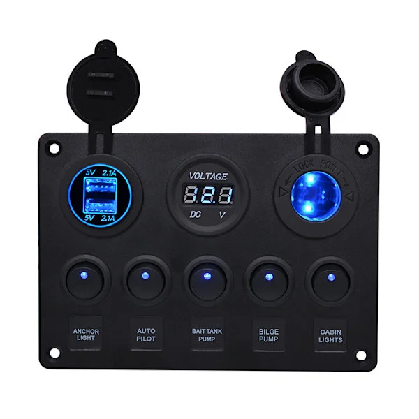 5-girs multifunksjonell 5-girs vippebryter dobbel USB-lader + digitalt voltmeter + 12V uttak forhåndskoblet bryterpanel med krets B