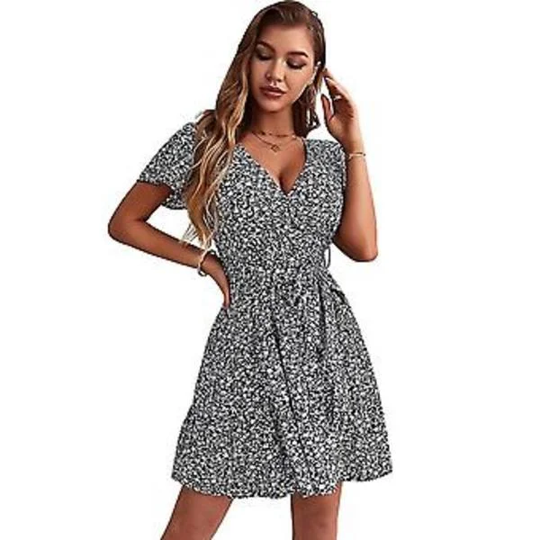 Blomstrete V-hals Mini Kjole Sexy Omslagskjole Dame Lett Sommerkjole med Korte Ermer (M Svart)