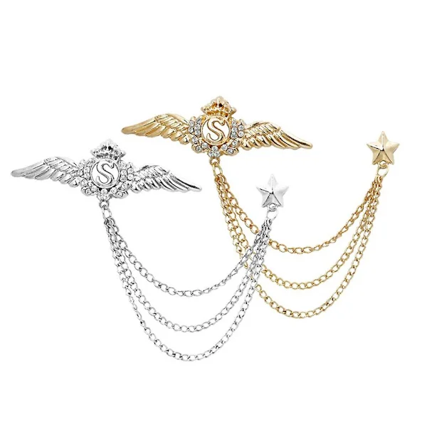 2pcs Diamond Crystal Wing Chain Tassels Brooch Lapel Pins Men's Accessories