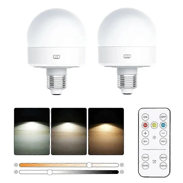 2 stk E27 Oppladbar Lampe med 3 Fargetemperaturer, Bordlampe med Fjernkontroll og Timer