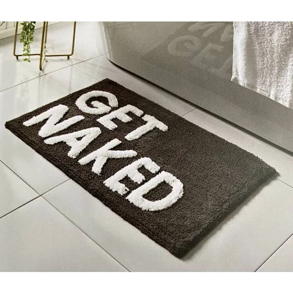 GET NAKED svart og hvit baderomsmatte, vannabsorberende baderomsmatte med pop-up-bokstaver, supermyk og sklisikker (svart)