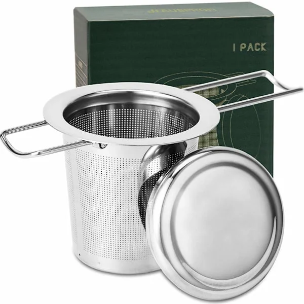Teinfuser, 304 rostfritt stål tesil med lock och fällbart handtag, tefilter för tekannor koppar muggar för att brygga lösa blad, 1-pack