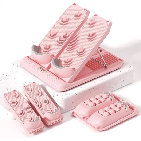 3-in-1 Multifunctional Portable Calf Stretcher Footrest Under Desk with Massage Adjustable Slant Board 12 Levels 204 kg Load Capacity Pink