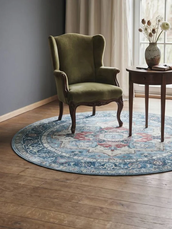Georgia Oriental Washable Ø 120 Small Blue/Multicolor Round Cotton Rug
