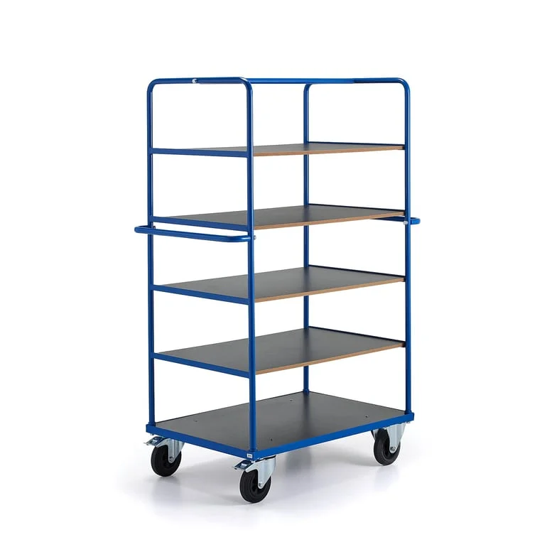 Hyllvagn TRANSFER, 5 hyllplan, 1200x800x1800 mm, 500 kg, med broms