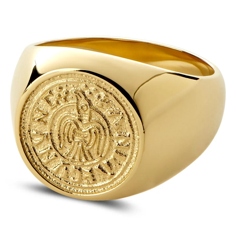 Aras | Anillo sello para el meñique dorado con moneda de cuervo para hombres - Anillos tipo sello
