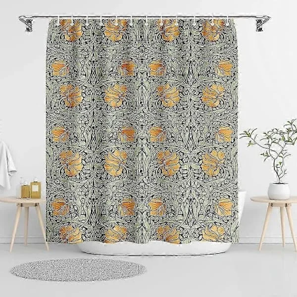 William Morris Vintage Blommigt Duschdraperi, Salviagrön/Orange Duschdraperi Set för Badrum med_tfrf