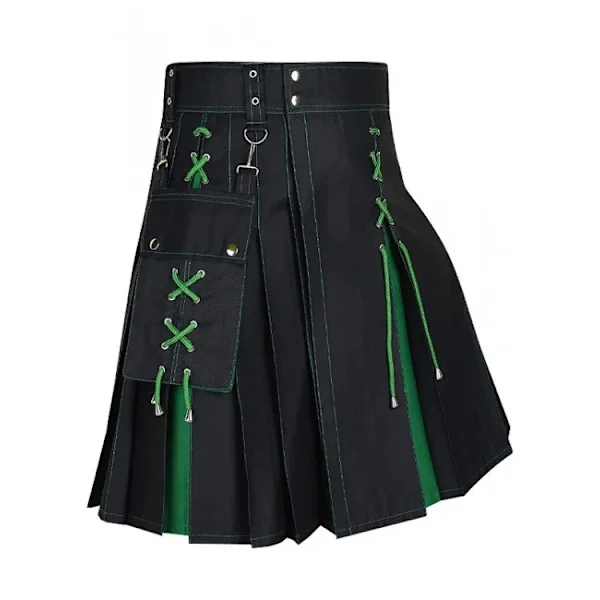 Kilt til mænd, skotsk traditionel Highland, ensfarvet, plisseret, med spænder, kostumekilt med cargolommer, grøn [GKS] green XXL