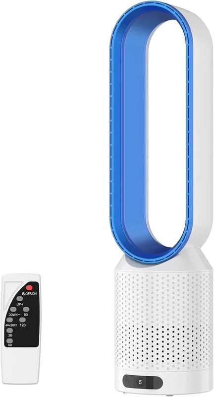 Ultra Tyst 2-i-1 Luftrenare Bladlös Fläkt med Fjärrkontroll 90 Graders Oscillation Timer 8 Hastigheter för Luftrening Inomhus(BT)