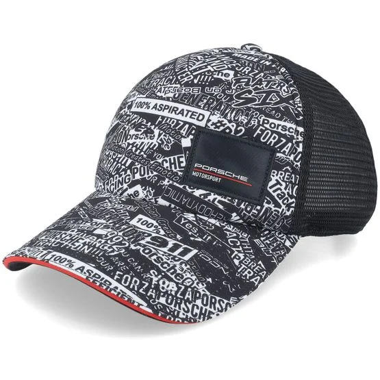 Porsche - Porsche Motorsport Quoted All Over Print Black Trucker Trucker Black Cap - @ Hatstore