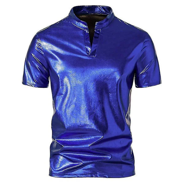 Herre V-hals Glitter Kort Erme Skinnende Polo Skjorter 70-talls 80-talls Disco Party Casual T-skjorter Tee Topper