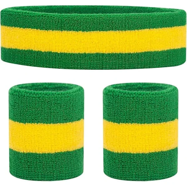 (Green) Sweatband Set Sports Headband Wristband Set Sweatband Terry Wristband Wrist Sweatband Headband Moisture Wicking Sweat Absorbing Headband