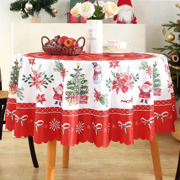 1 st, Polyester Duk, God Jul Omslag, Tecknad Tomte Snögubbe Mönster Bordsduk, Jul Atmosfärisk Bordsdekoration 152.4cm(Rund)