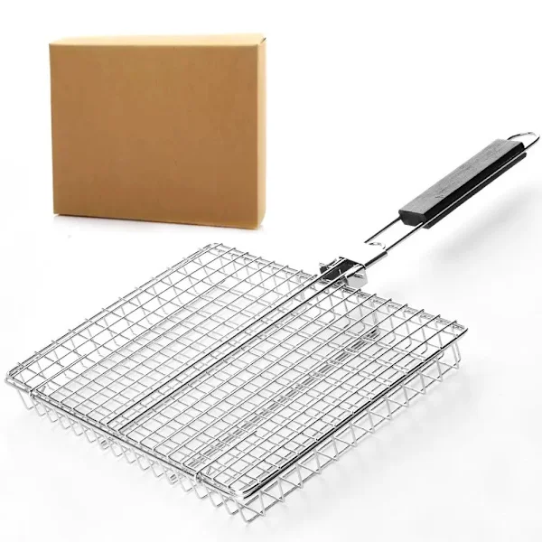 Stainless Steel BBQ Grill Spatula with Folding Handle, Outdoor Grilling Net for Fish and Vegetables