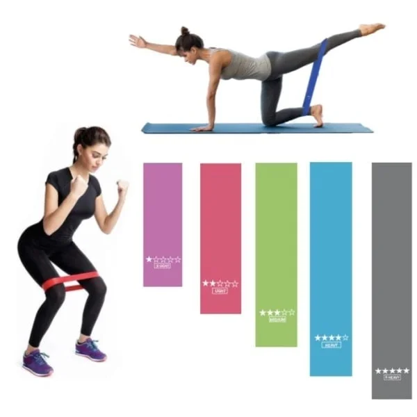 5-pak træningselastikker, modstandsbånd, yoga, genoptræning, multicolor, one size