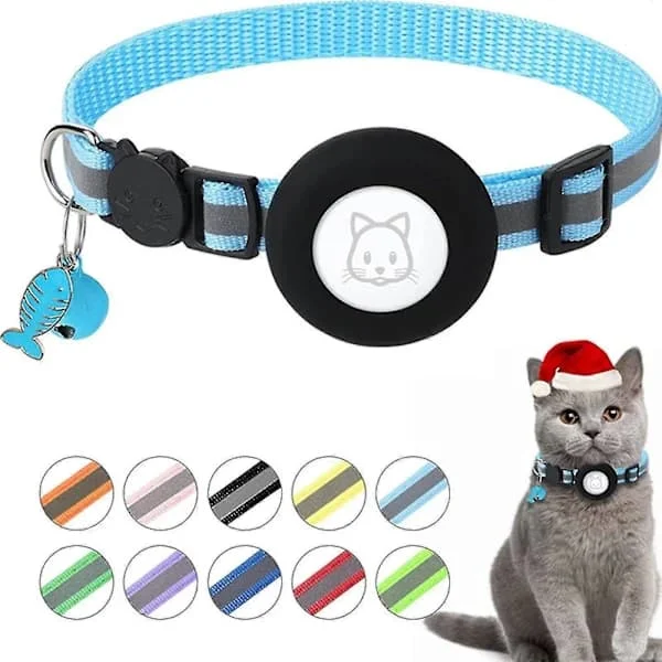 Justerbart Airtag-halsband för katt GPS Reflekterande halsband med Airtag-hållare Säkerhetsspänne och klocka & fiskbenshänge