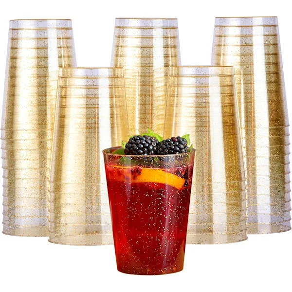 50 Premium Tykke Plastglass, Plastpartyglass med Gullglitter (285ml / 10oz) - Gjenbrukbare Plastglass, Tumblers
