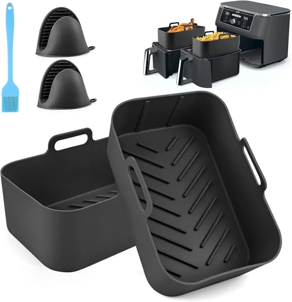 5 deler silikon Air Fryer Liner for Dual Air Fryer Tilbehør - svart