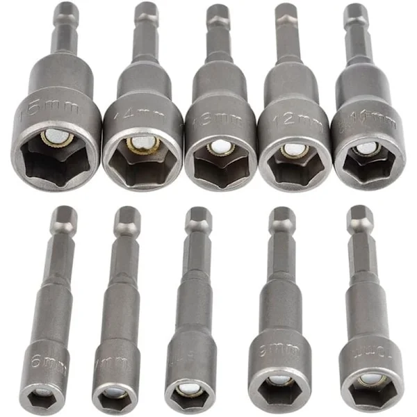 10 stk. Magnetisk sekskantbits-sett 6-15 mm Slagtrekker Magnetisk sekskantbits-pipenøkkelsett 1/4 Magnetisk sekskantbits-pipeadapterverktøy
