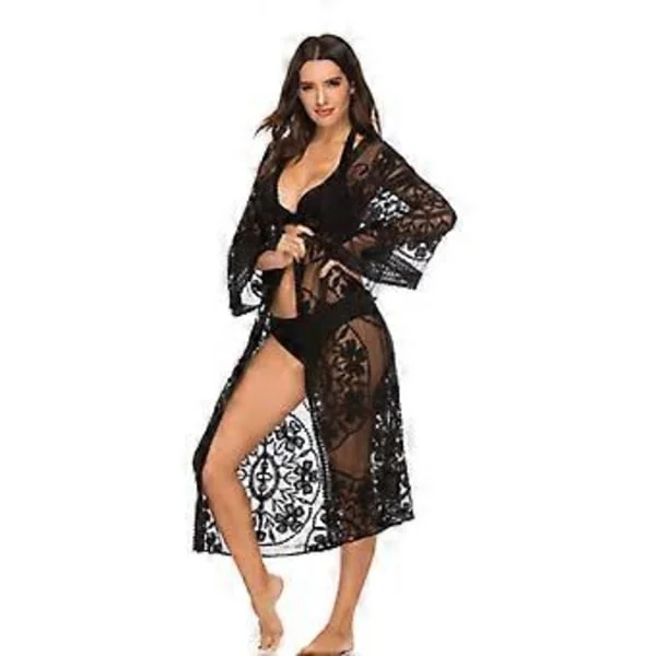 Bikini Cardigan för Dam Lång Strandöverdel Bikini Strandcardigan Spets Vit Strandöverdel (flera valmöjligheter) (svart)