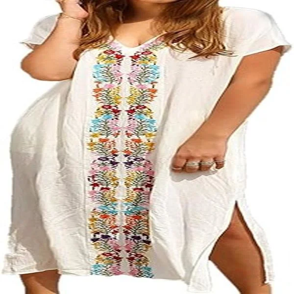 Sommer Bomuld Broderet Blomstret Løs Kaftan Boho Strand Bikini Cover Up Kjole Plus Size Morgenkåbe til Kvinder