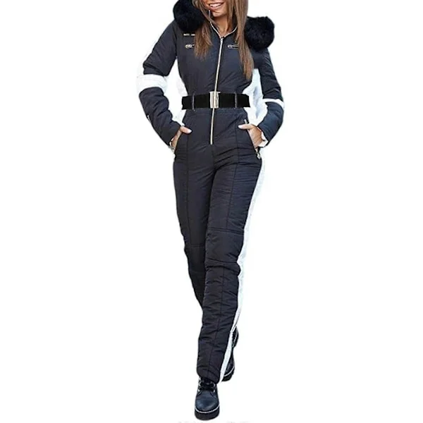 Dame Vinter Vanntett Ski Snowboard Sportsklær Dress Hette Foxs Pels Jumpsuit